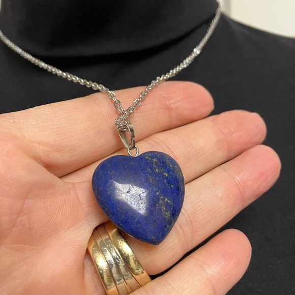 Genuine Lapis Lazuli Gemstone HEART Pendant 18 inch Stainless Steel Chain - Picture 6 of 16